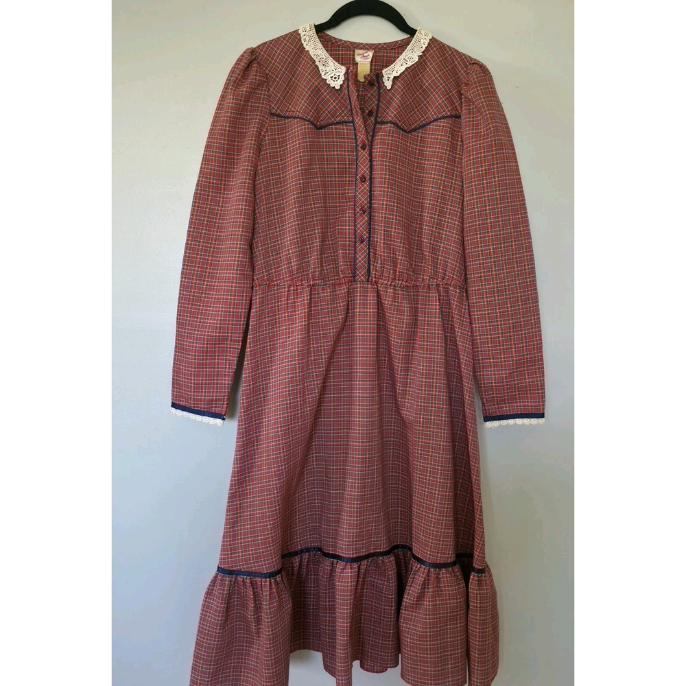 VTG 70s Candi Jones California Plaid Prairie Dress Cottagecore Lace Red Womens 9